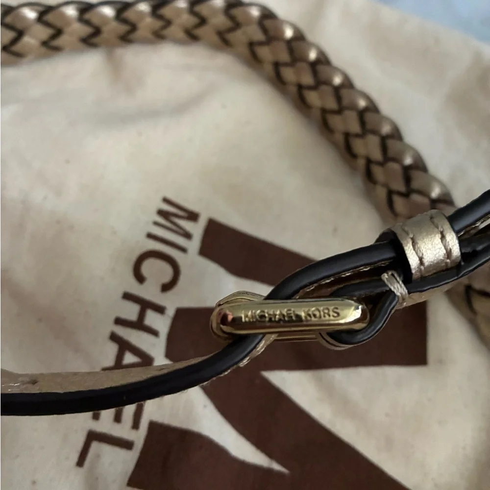 Vintage Michael Kors Tan Woven Crossbody with Gold MK Charm and drawstring bag.